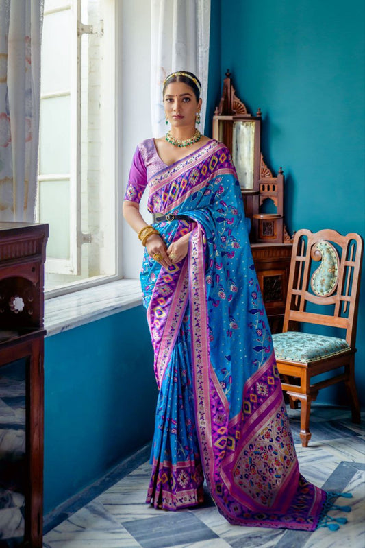 Aqua Blue Banarasi Silk Paithani Patola Saree