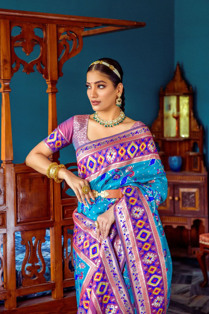 Aqua Blue Banarasi Silk Paithani Patola Saree