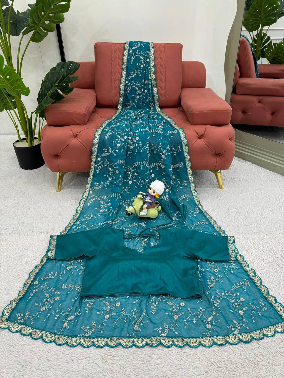 Aqua Party Wear Tabby Silk Saree