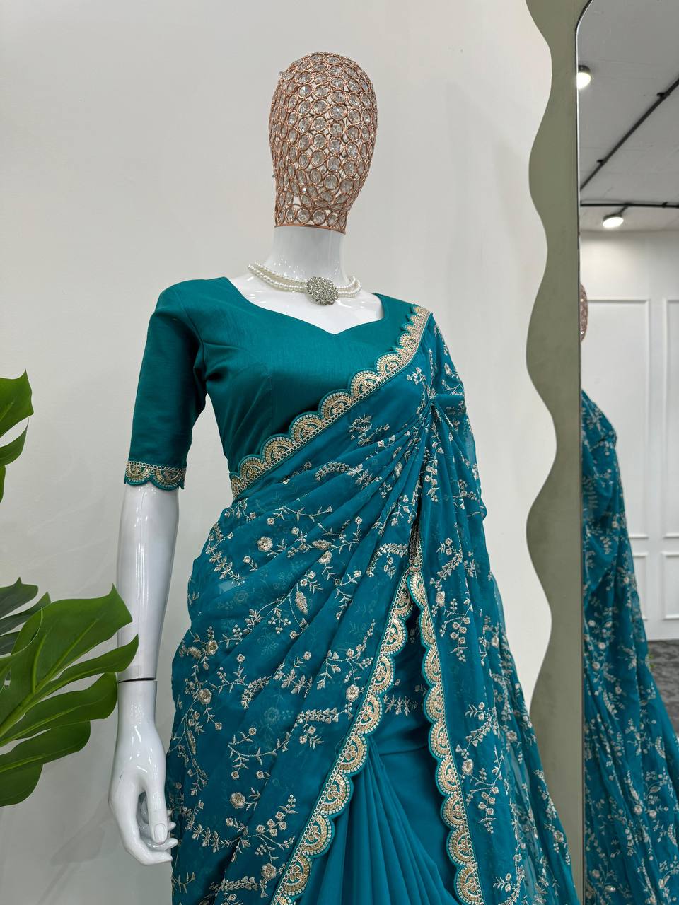 Aqua Party Wear Tabby Silk Saree