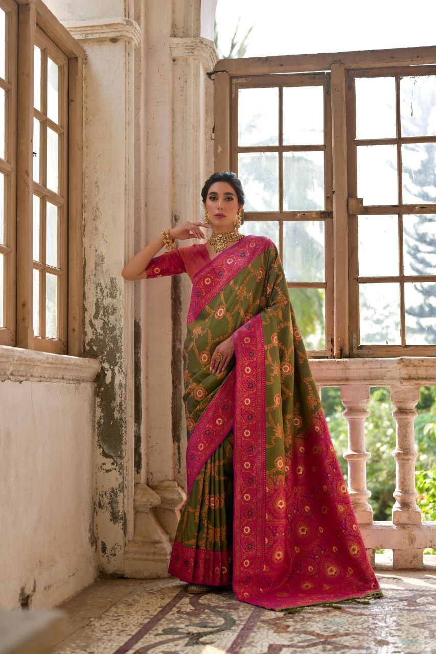 Army Green Banarasi Silk Saree For Wedding