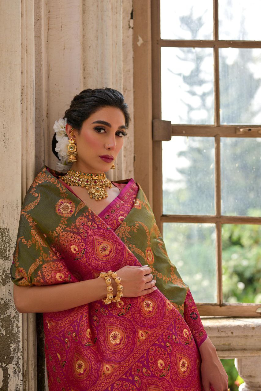 Army Green Banarasi Silk Saree For Wedding