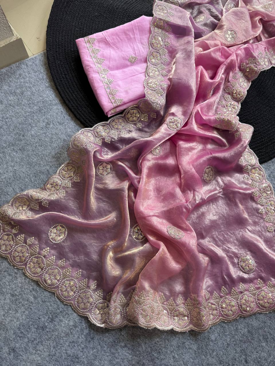 Baby Pink Designer Fandy Chiffon Saree