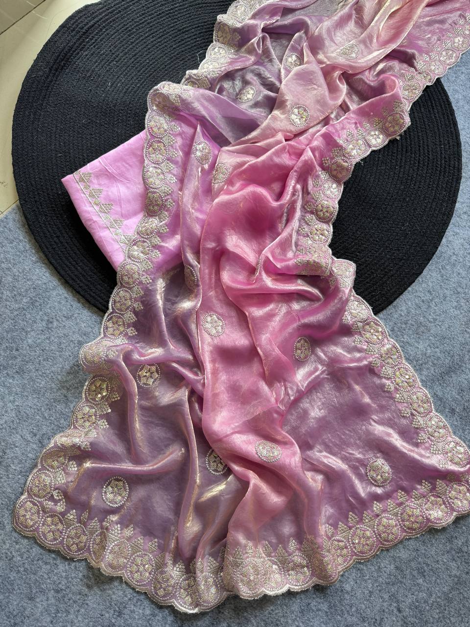 Baby Pink Designer Fandy Chiffon Saree