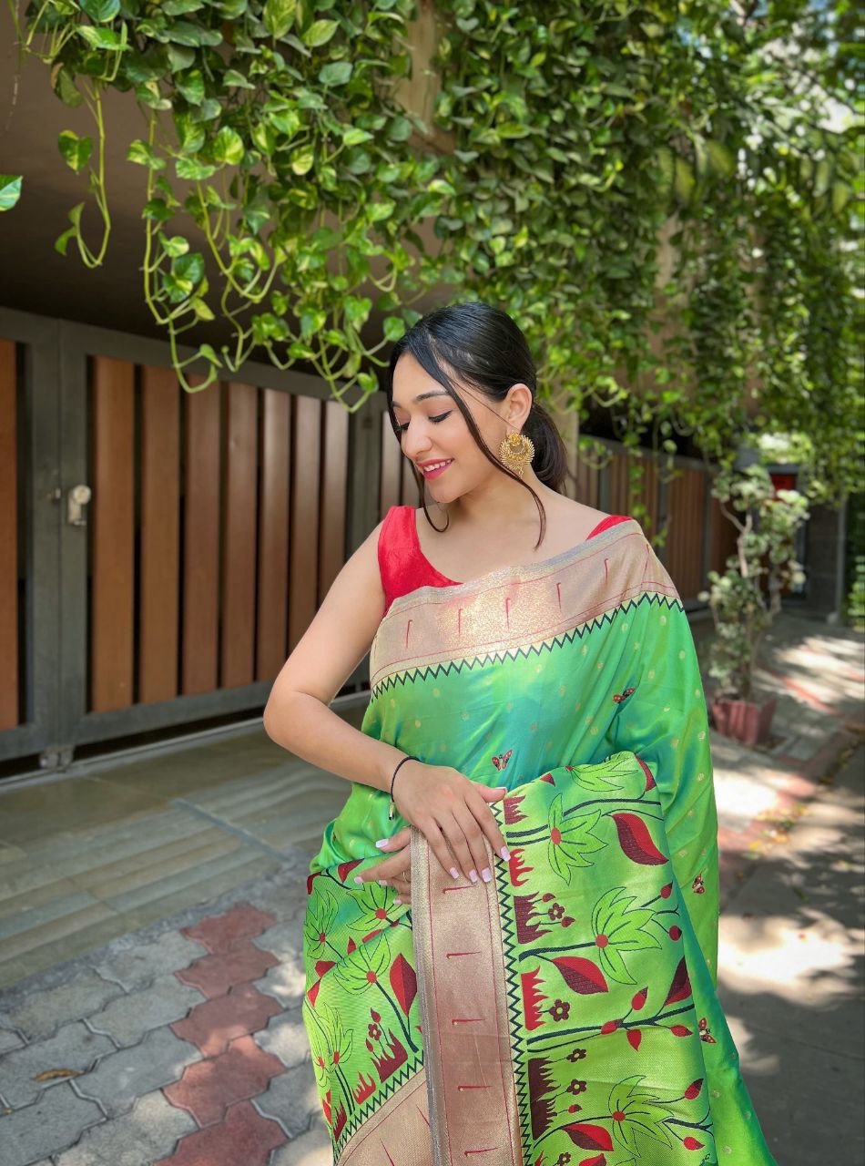 Green Banarasi Paithani Silk Saree