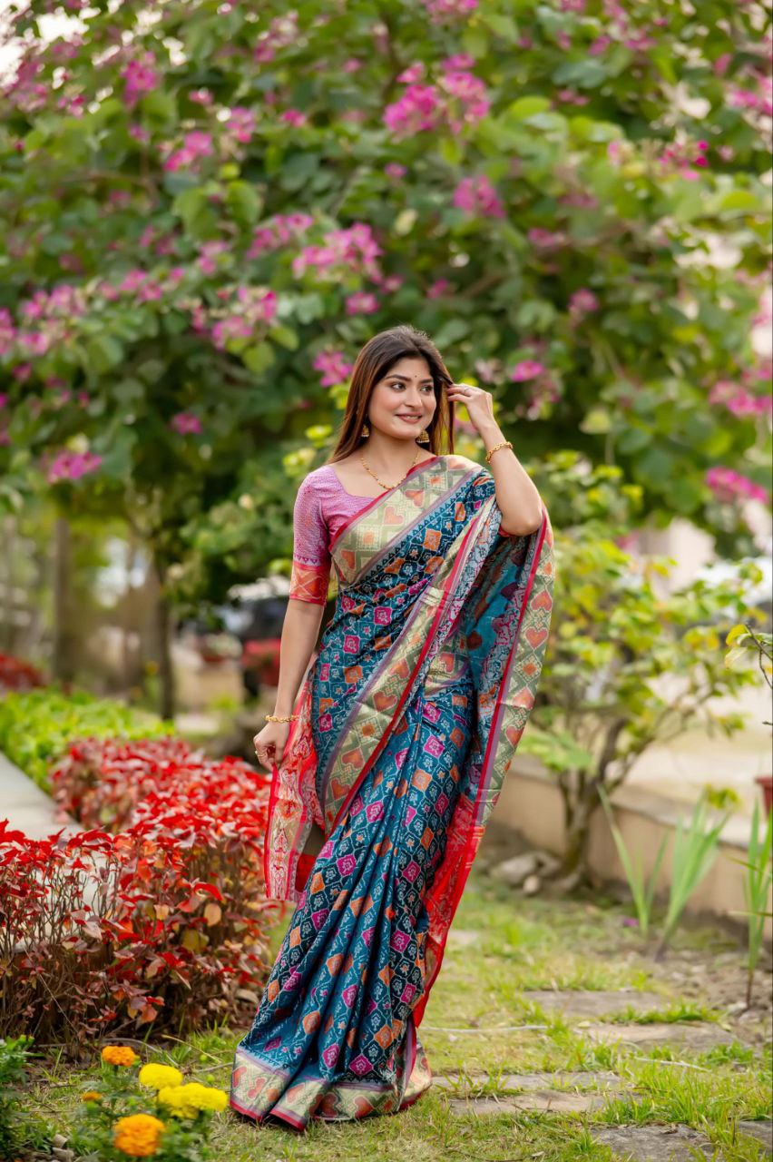 Teal Blue Banarasi Silk Patola Saree