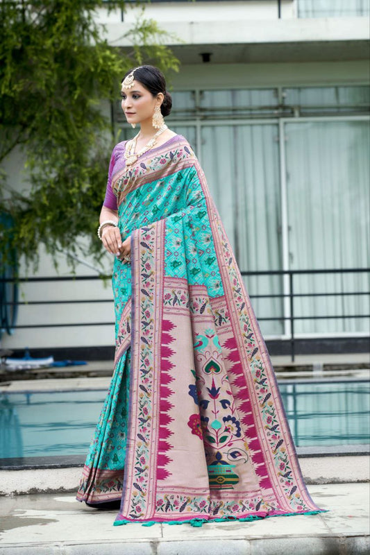 Aqua Banarasi Soft Silk Patola Saree