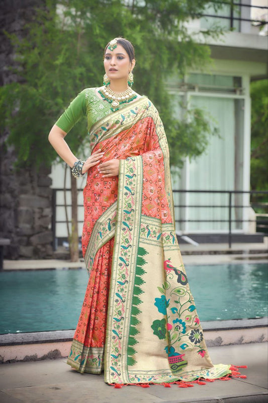 Orange Banarasi Soft Silk Patola Saree