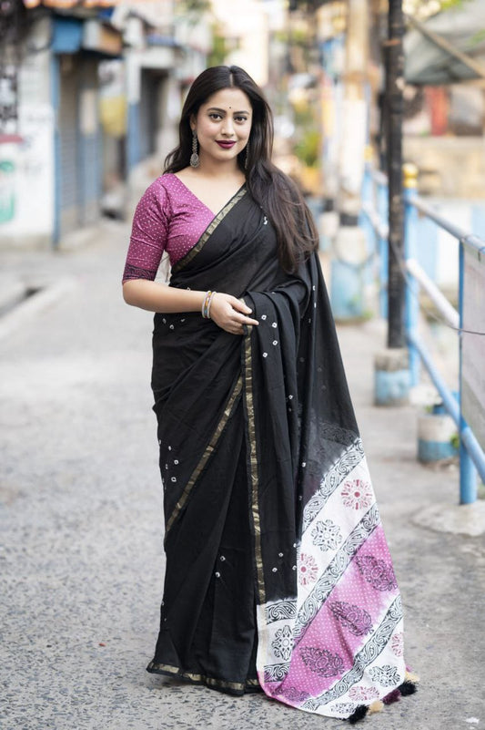 Black Bandhani Block Printed Cotton Saree