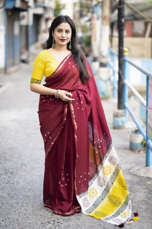 Maroon Bandhani Block Printed Cotton Saree