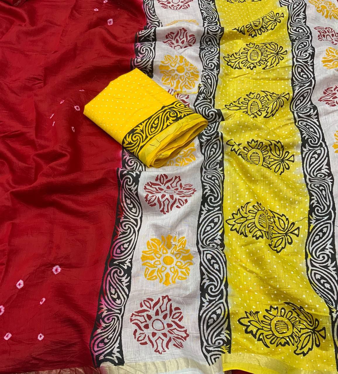 Red Bandhani Block Printed Cotton Saree