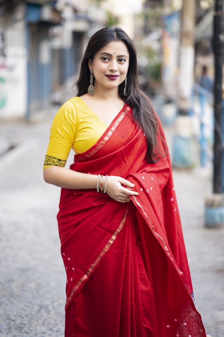 Red Bandhani Block Printed Cotton Saree