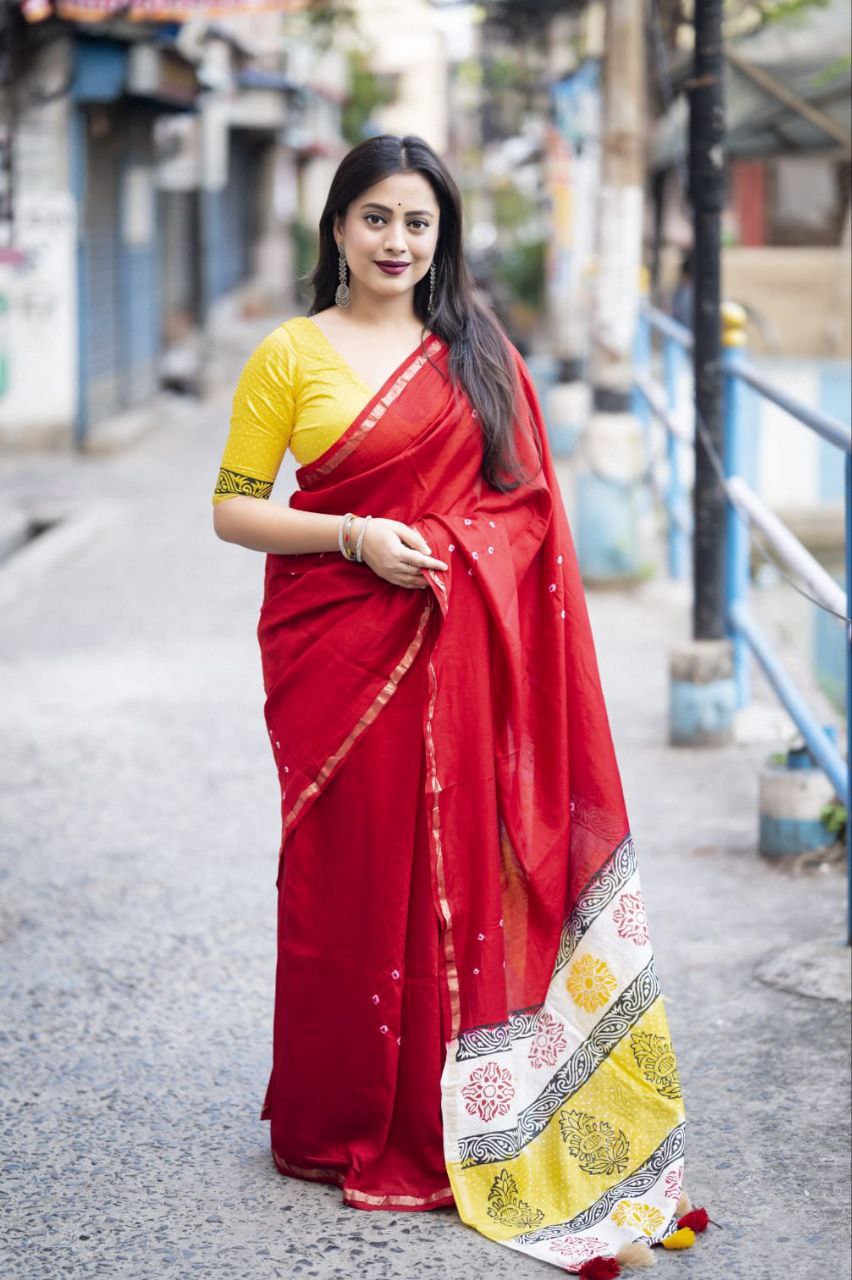 Red Bandhani Block Printed Cotton Saree