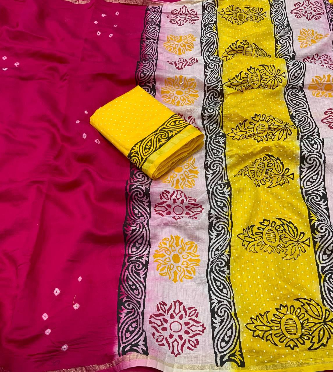 Pink Bandhani Block Printed Cotton Saree