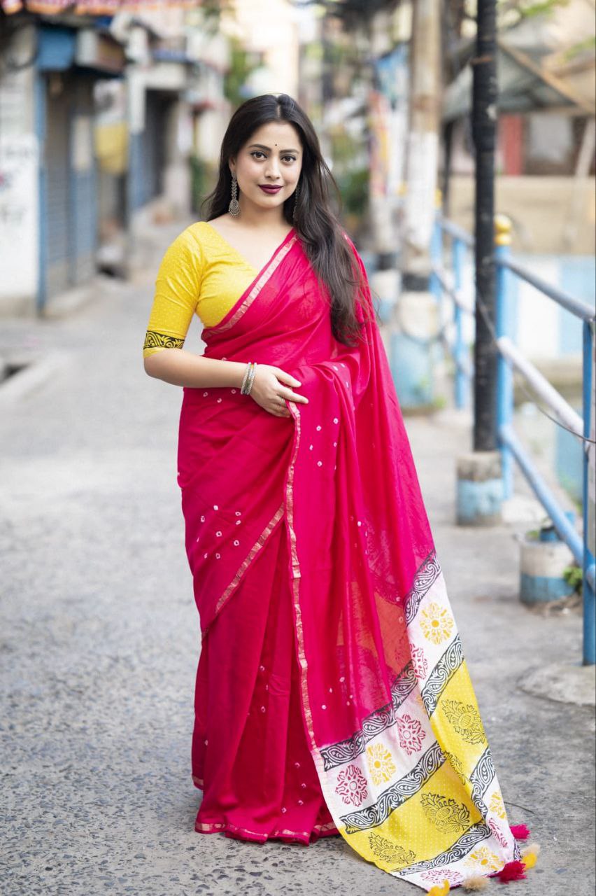 Pink Bandhani Block Printed Cotton Saree