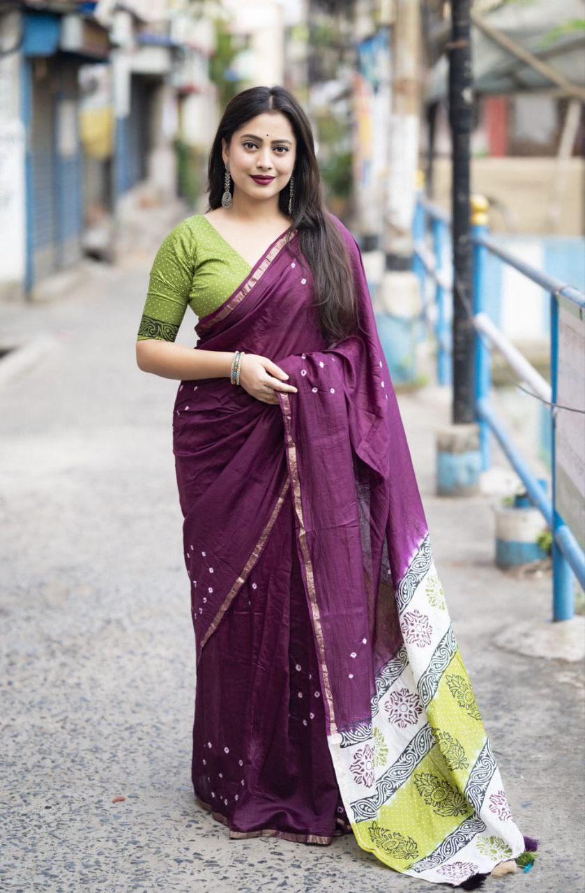 Bandhani Block Printed Cotton Saree