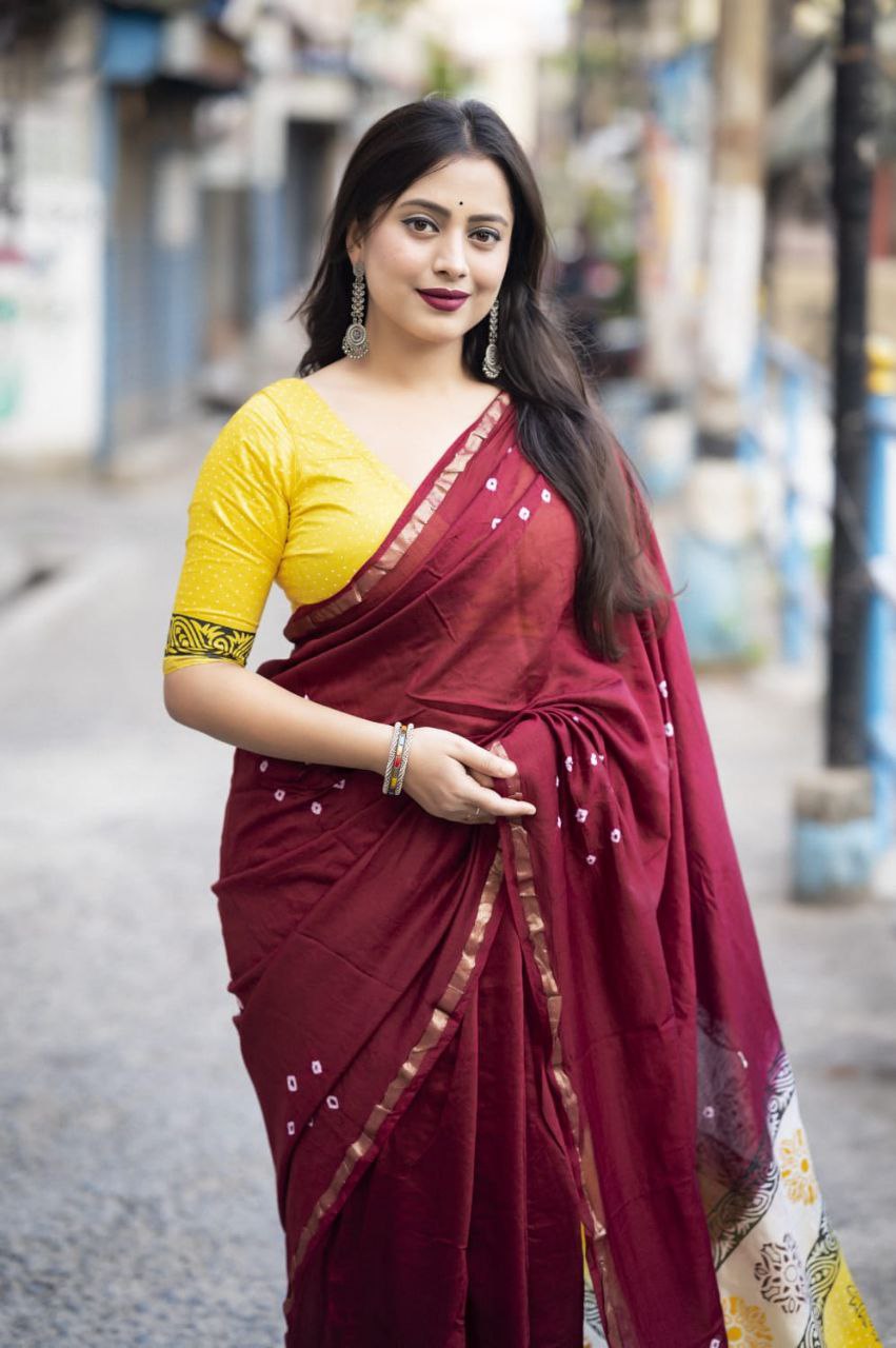 Maroon Bandhani Block Printed Cotton Saree