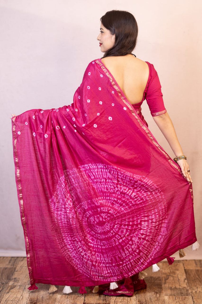 Rani Bandhani Style Chanderi Cotton Saree