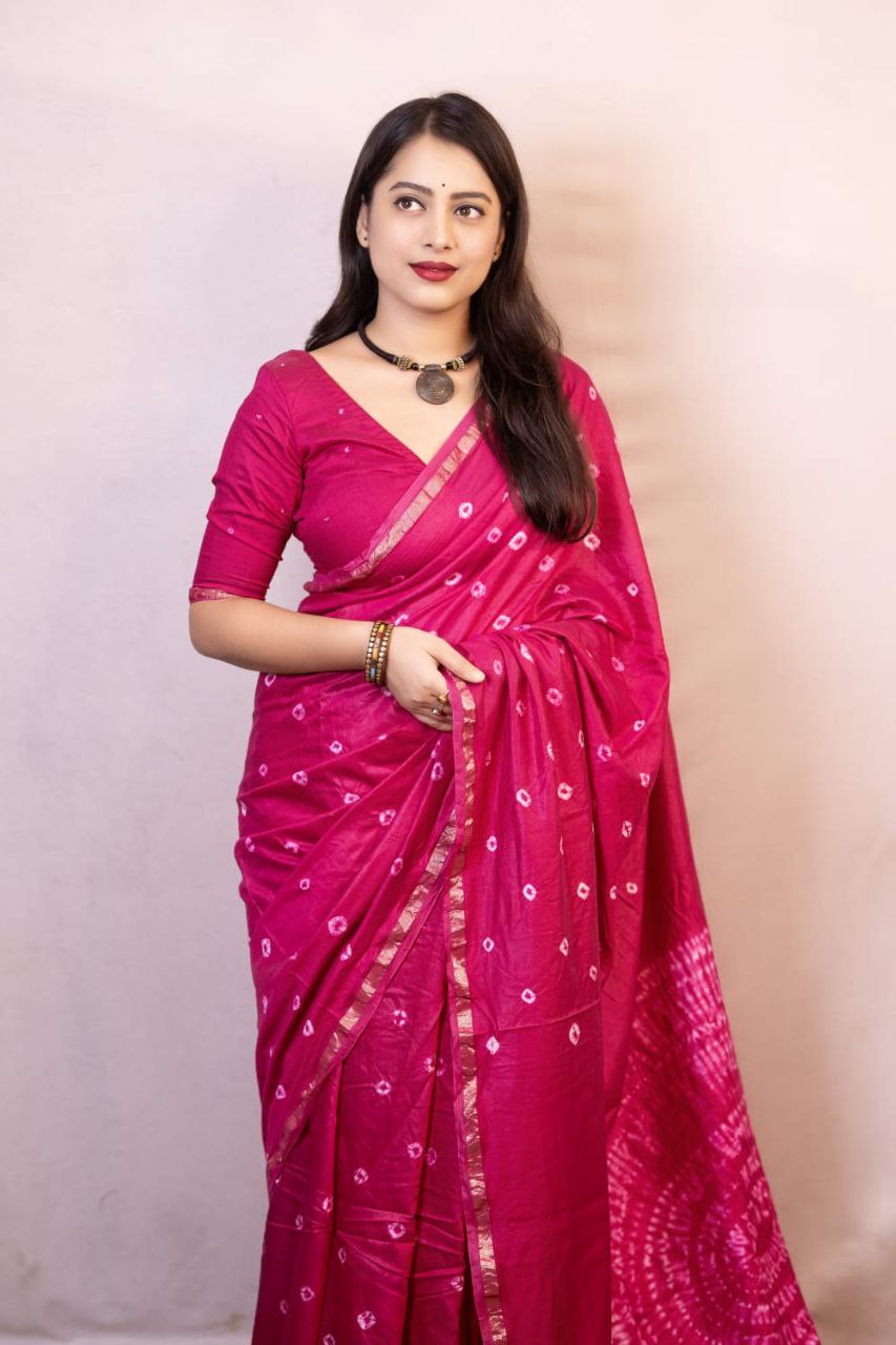 Rani Bandhani Style Chanderi Cotton Saree