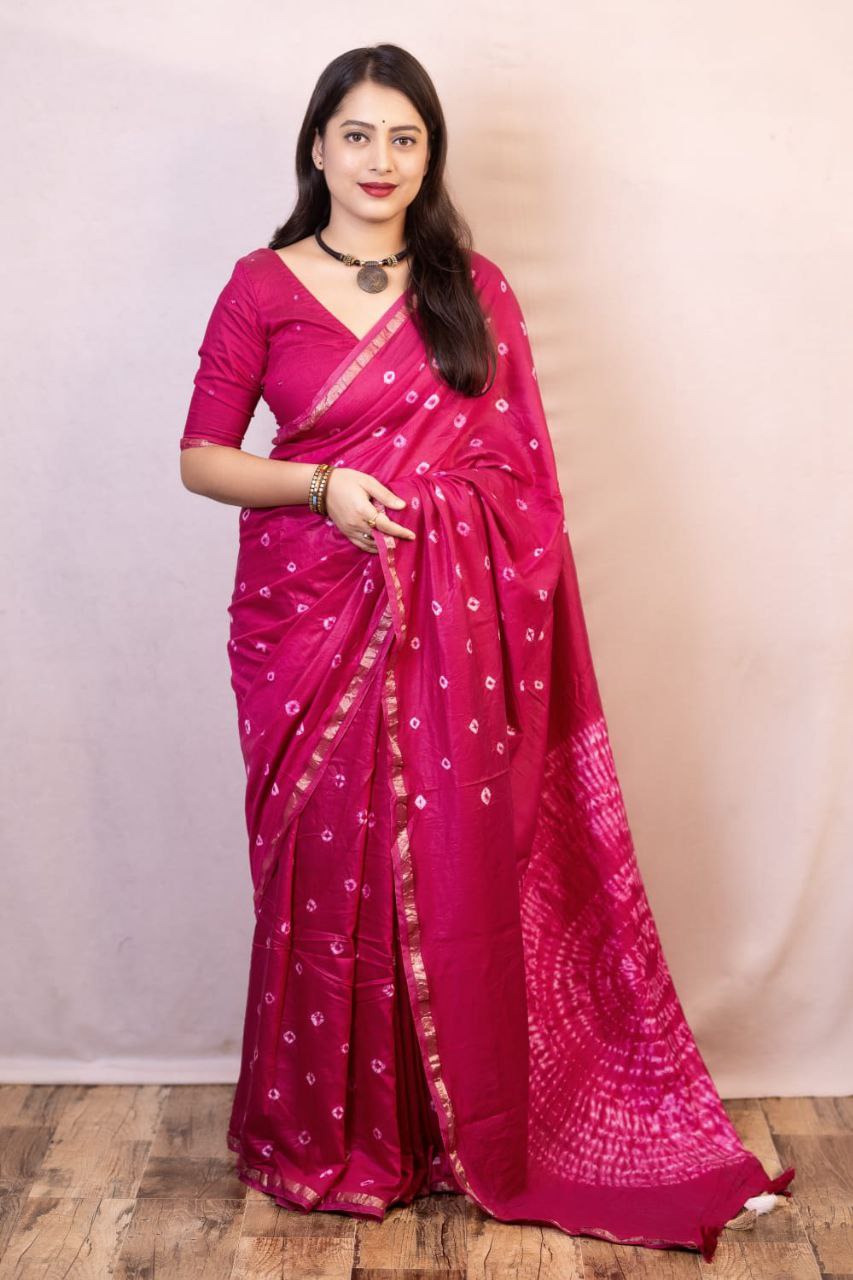 Rani Bandhani Style Chanderi Cotton Saree