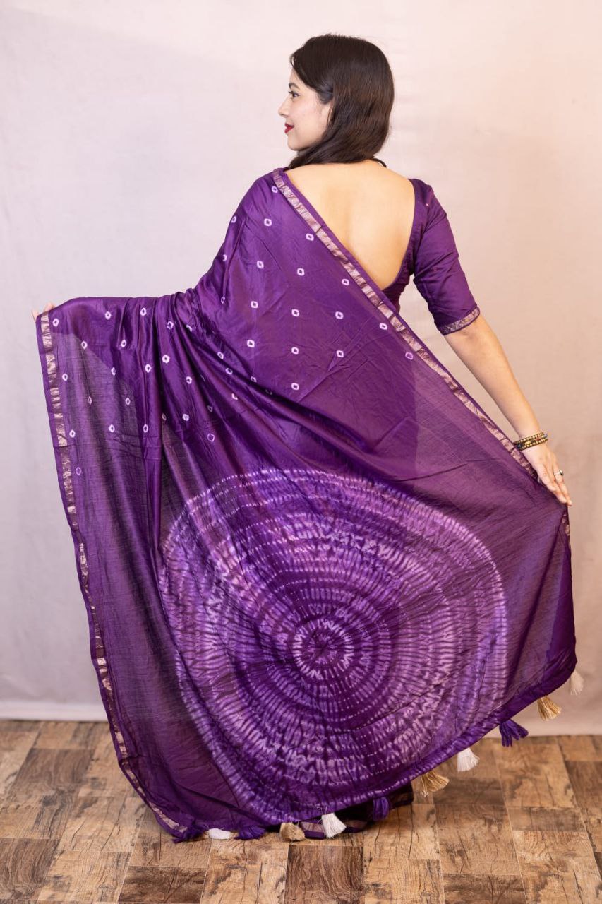 Purple Bandhani Style Chanderi Cotton Saree