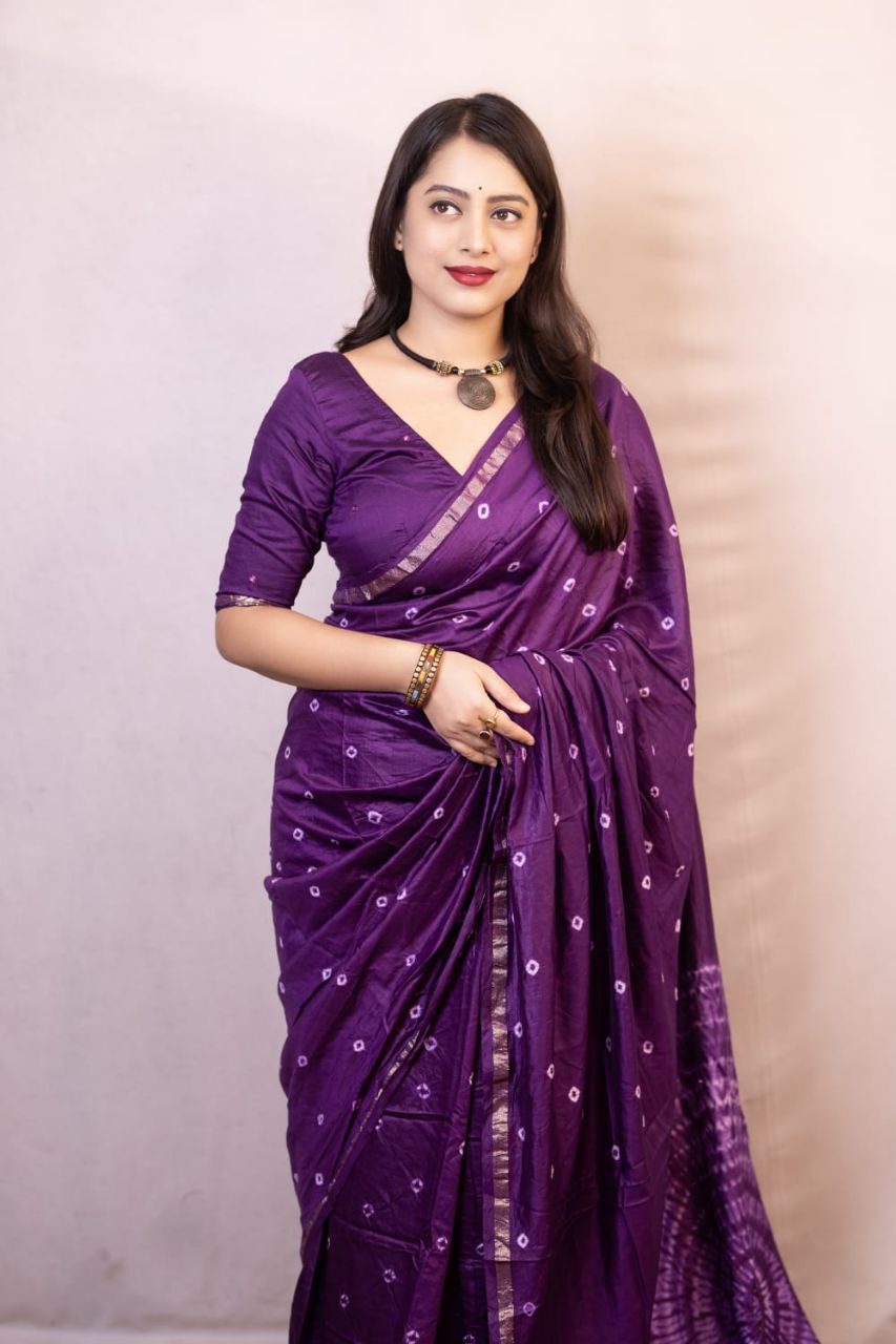 Purple Bandhani Style Chanderi Cotton Saree