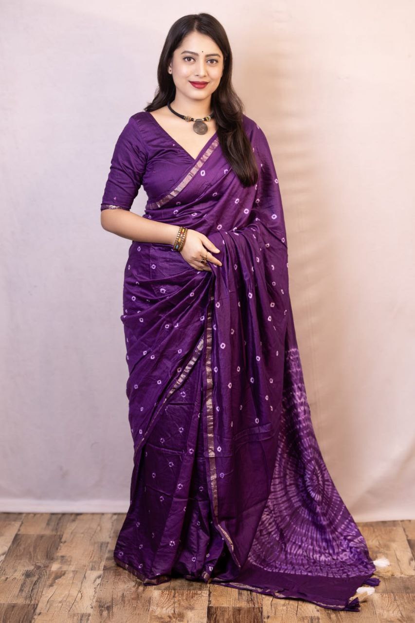 Purple Bandhani Style Chanderi Cotton Saree