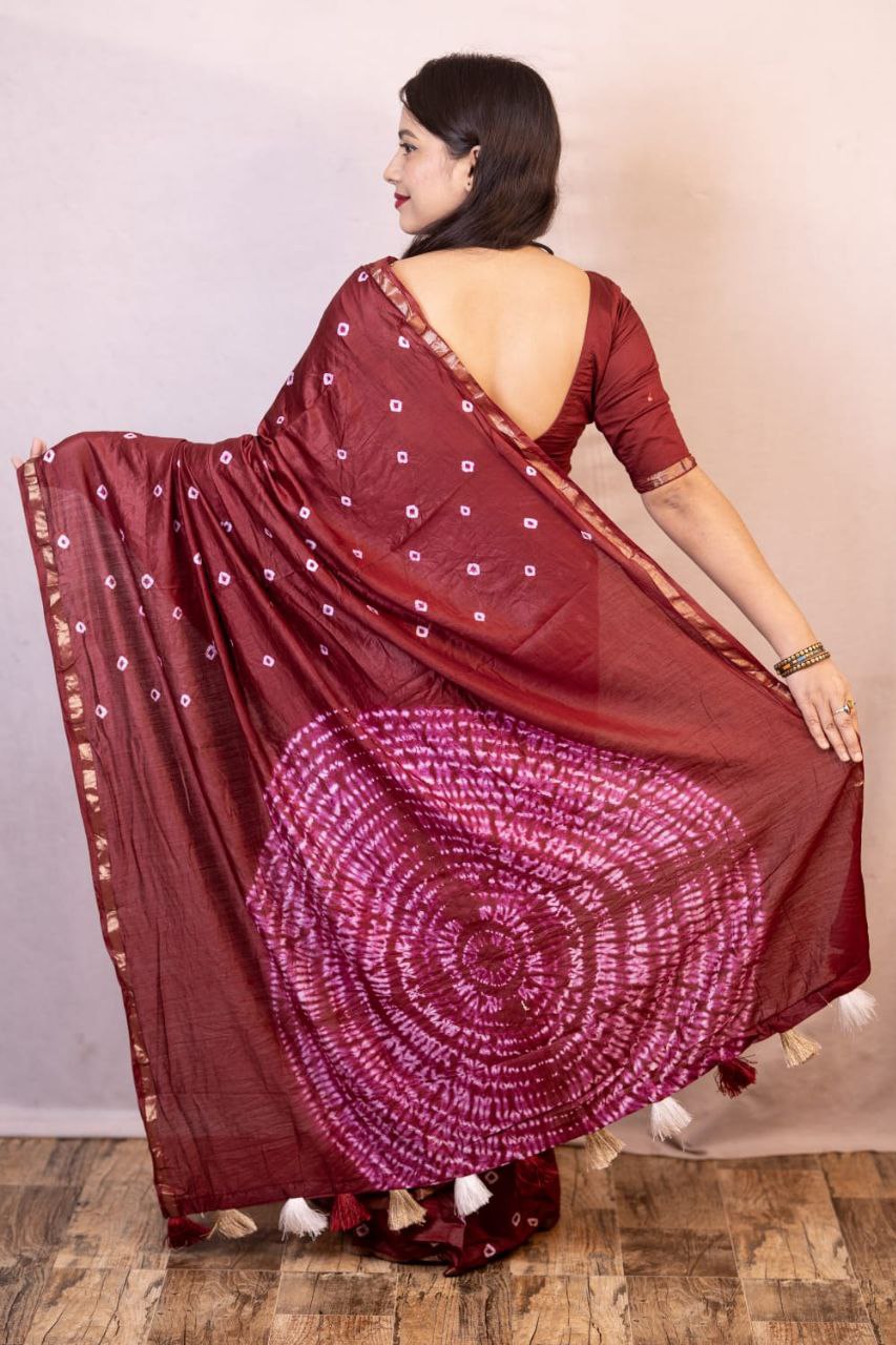 Maroon Bandhani Style Chanderi Cotton Saree