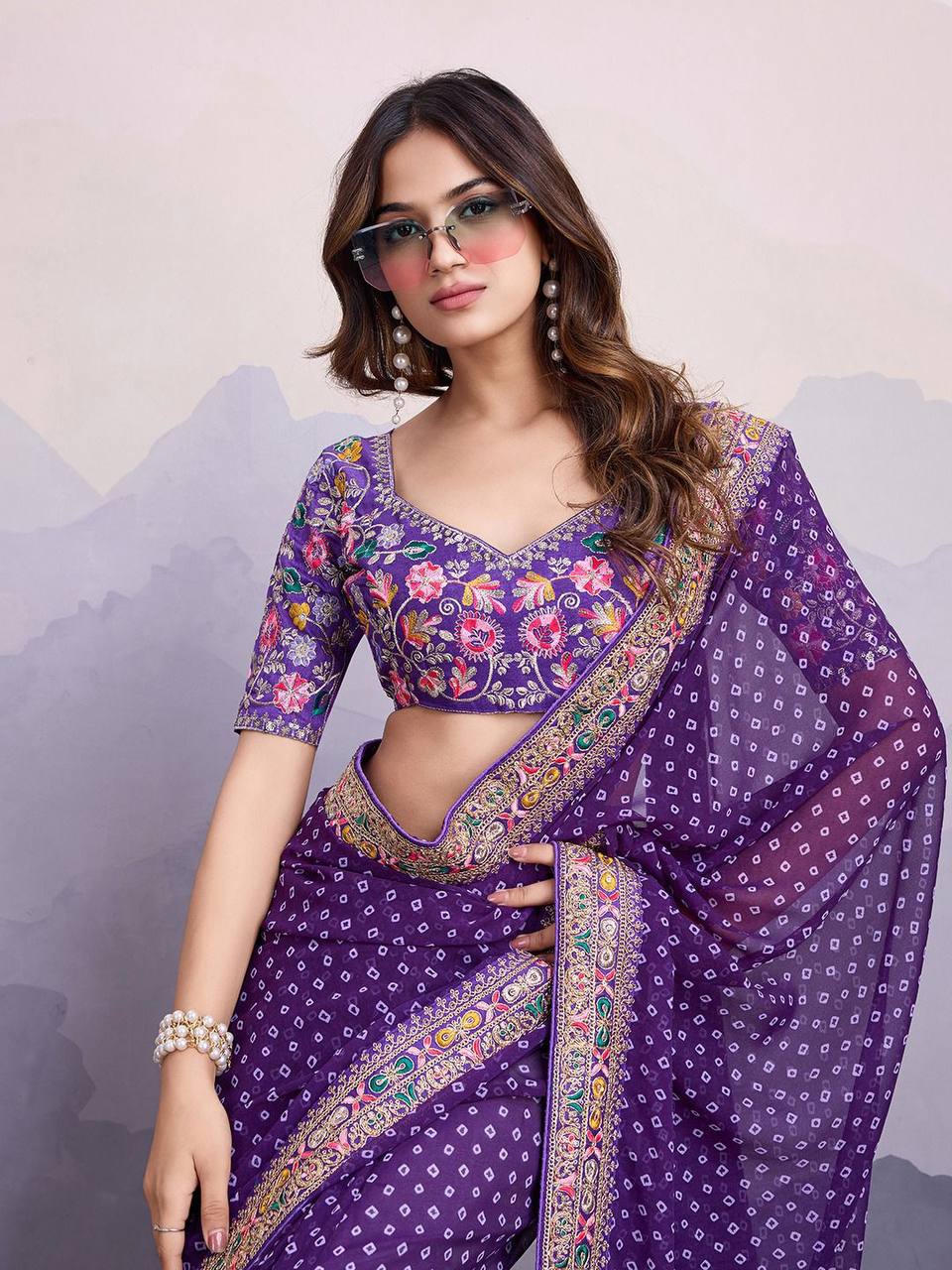 Purple Bandhej Printed Georgette Saree