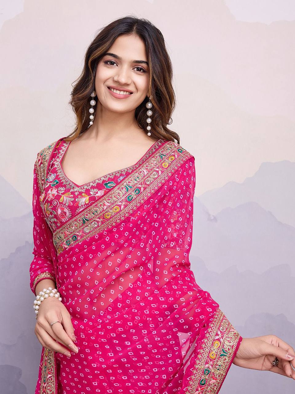 Rani Pink Bandhej Printed Georgette Saree