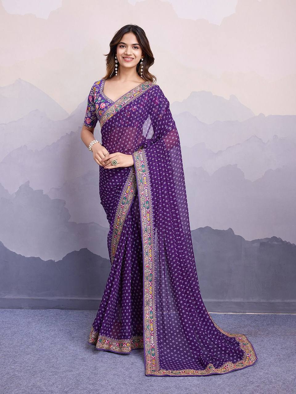 Purple Bandhej Printed Georgette Saree