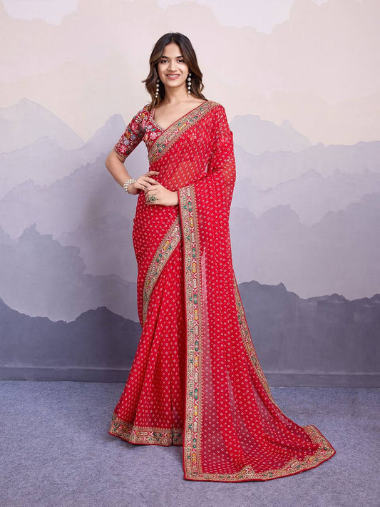 Maroon Bandhej Printed Georgette Saree