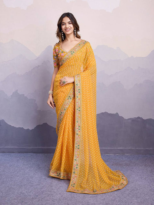 Yellow Bandhej Printed Georgette Saree