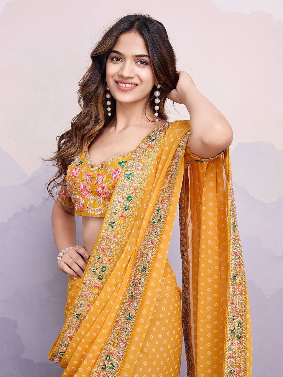 Yellow Bandhej Printed Georgette Saree