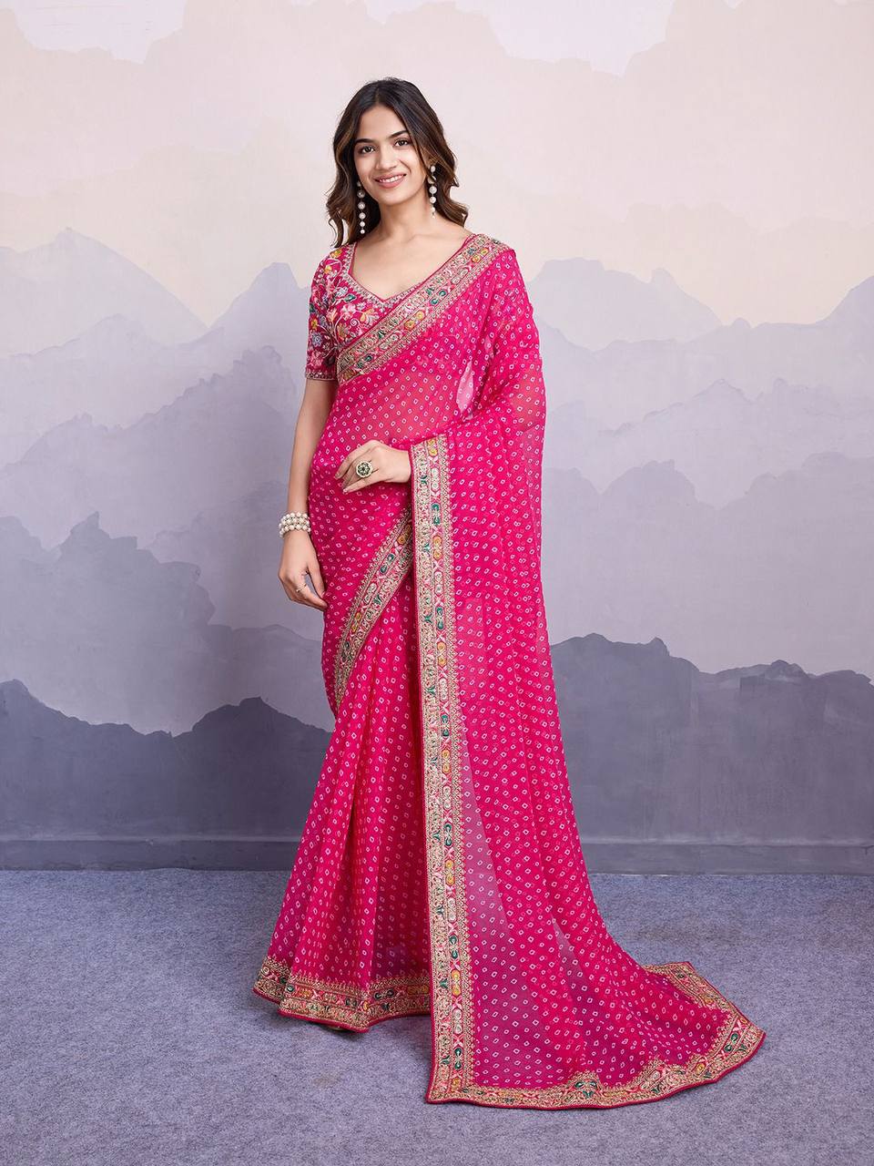 Rani Pink Bandhej Printed Georgette Saree