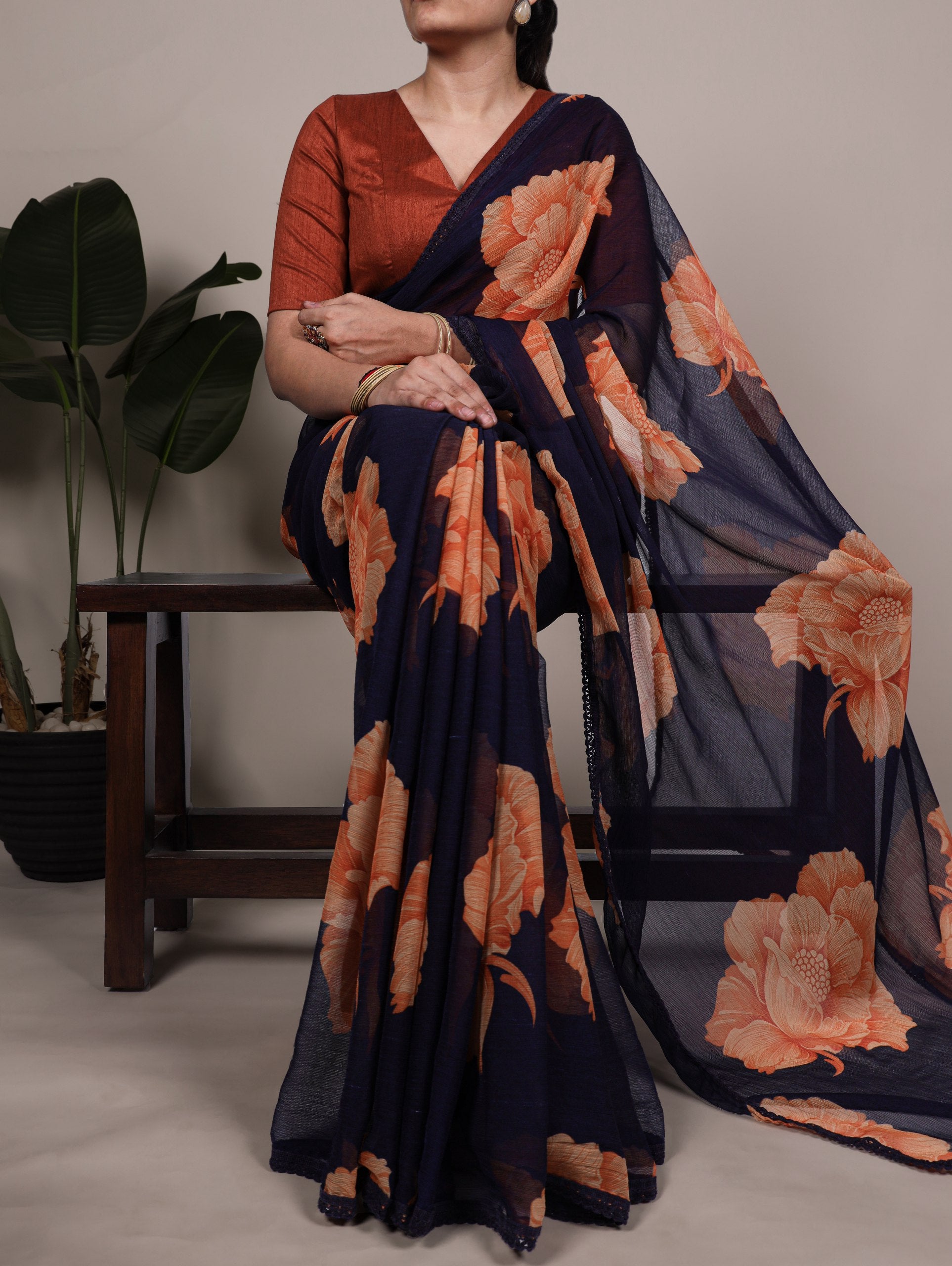Black Blooming Floral Stylish Chiffon Saree