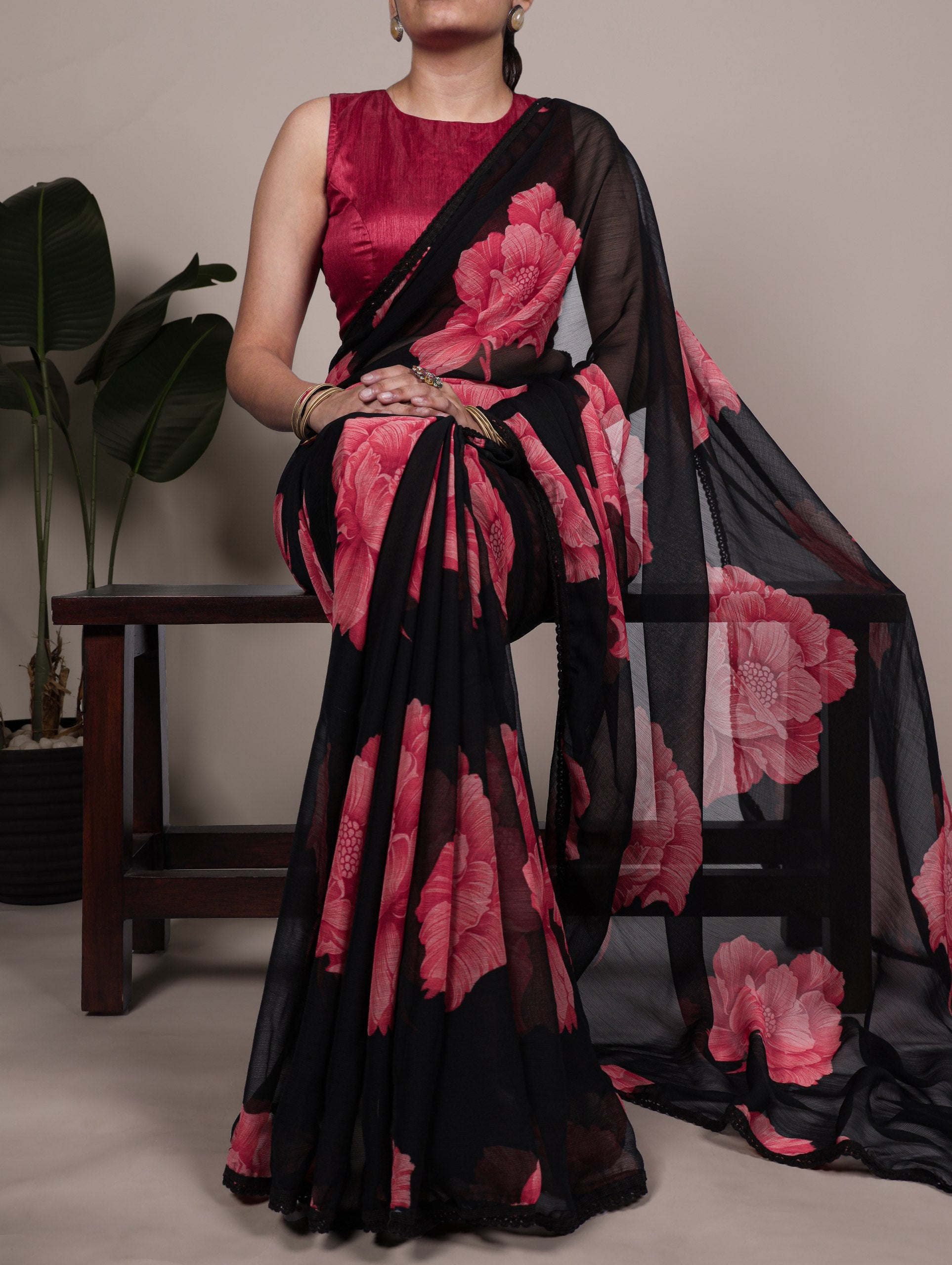Black Blooming Floral Stylish Chiffon Saree
