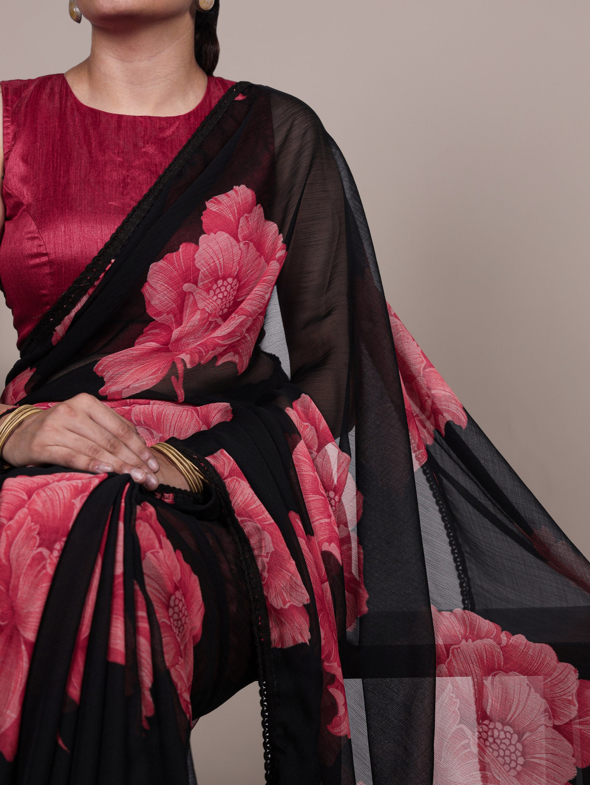 Black Blooming Floral Stylish Chiffon Saree