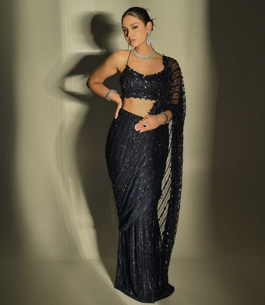 Black Bollywood Party Wear Mono Net Saree | Replica Design