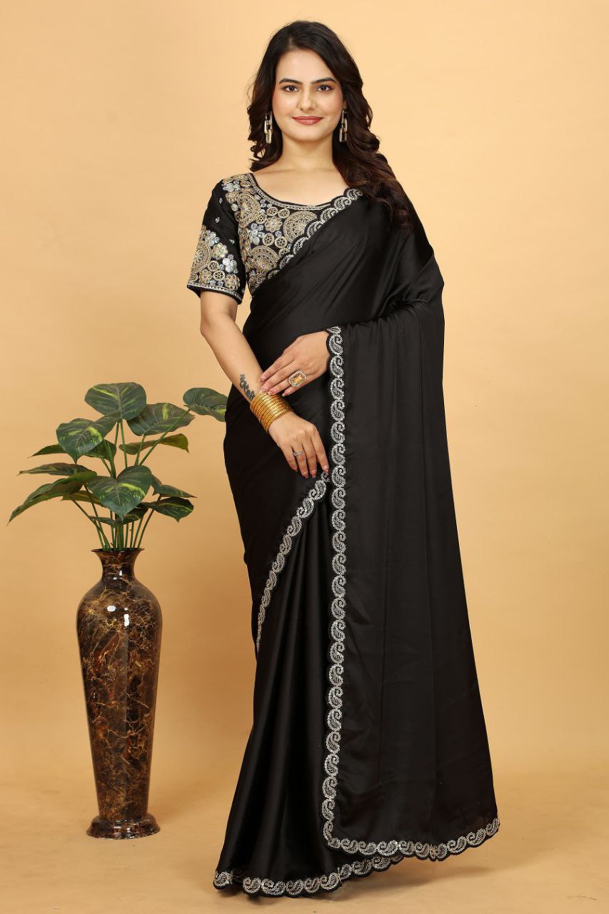 Black Designer Japan Satin Saree