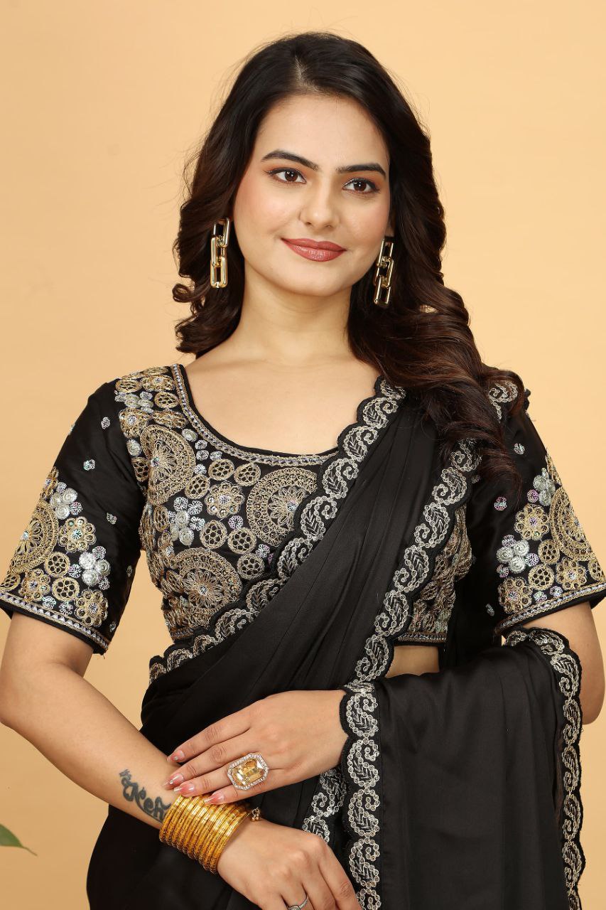 Black Designer Japan Satin Saree