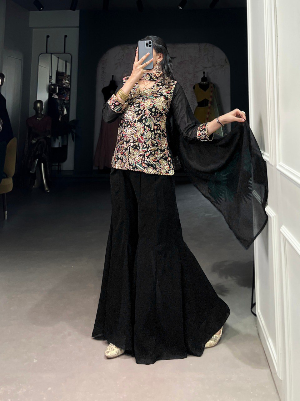 Black Designer Kurta Set With Palazzo And Choker Dupatta