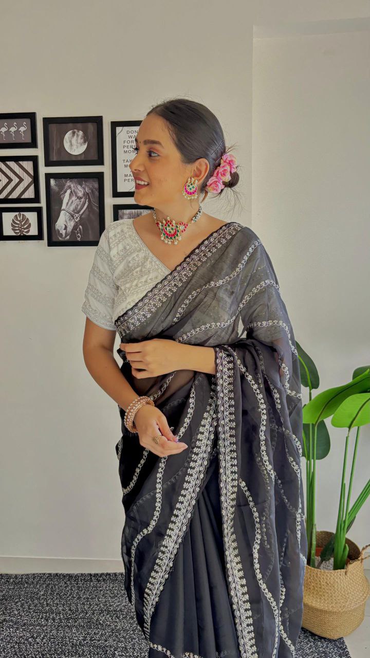 Black Designer Organza Tabby Silk Saree