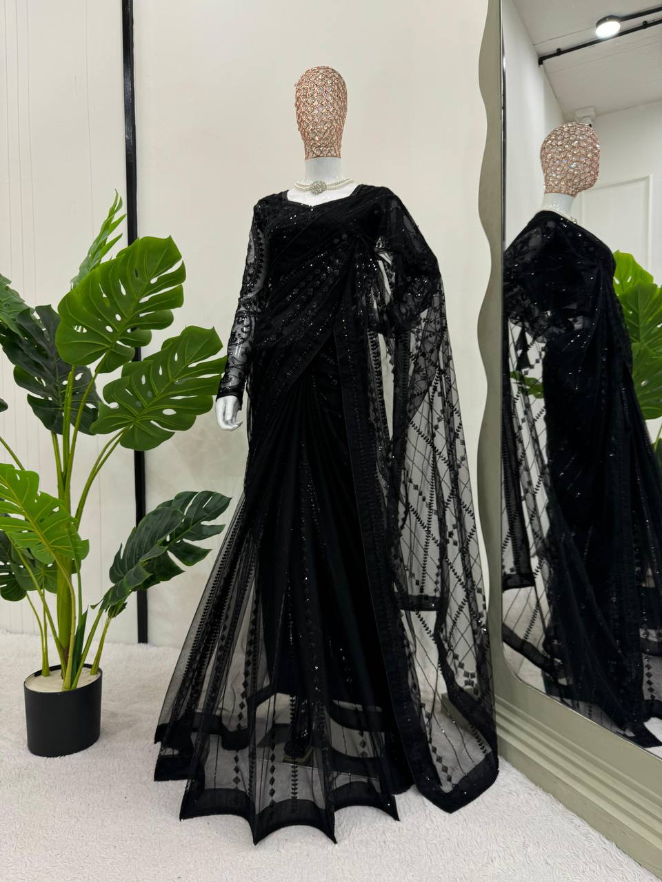 Black Designer Party Wear Net Saree