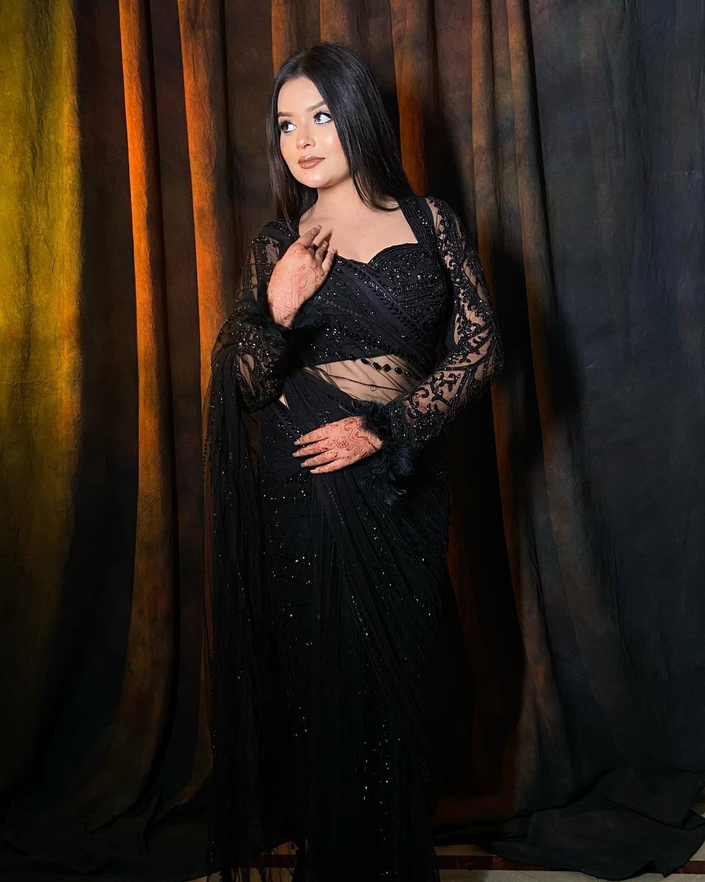 Black Designer Party Wear Net Saree