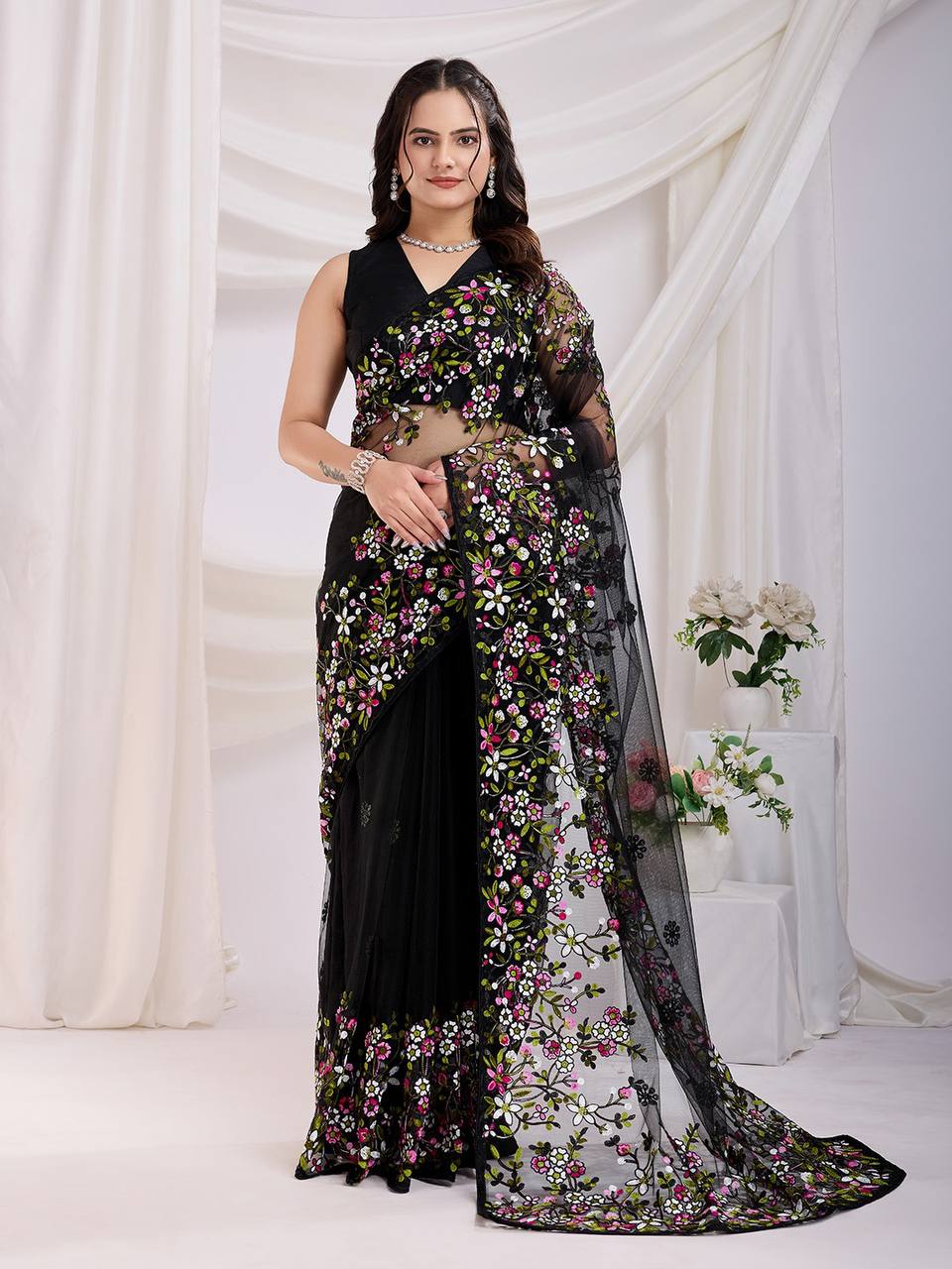 Black Designer Soft Net Saree
