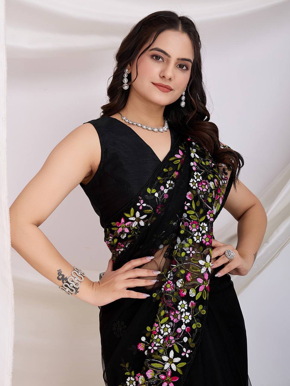 Black Designer Soft Net Saree