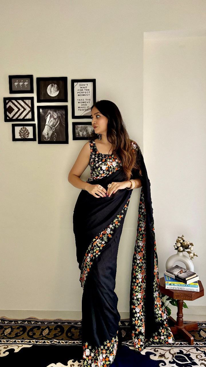 Black Designer Vichitra Silk Saree