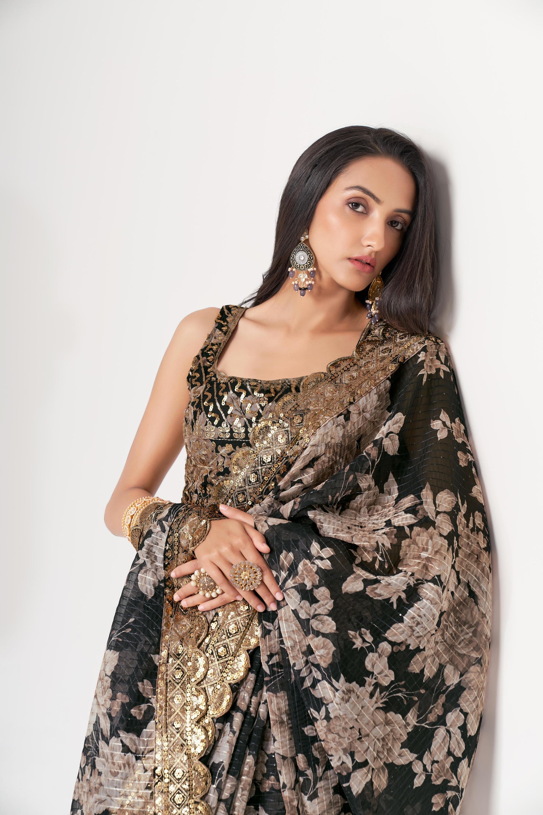 Black Floral Printed Organza Saree With Blouse | 100% Original Saree