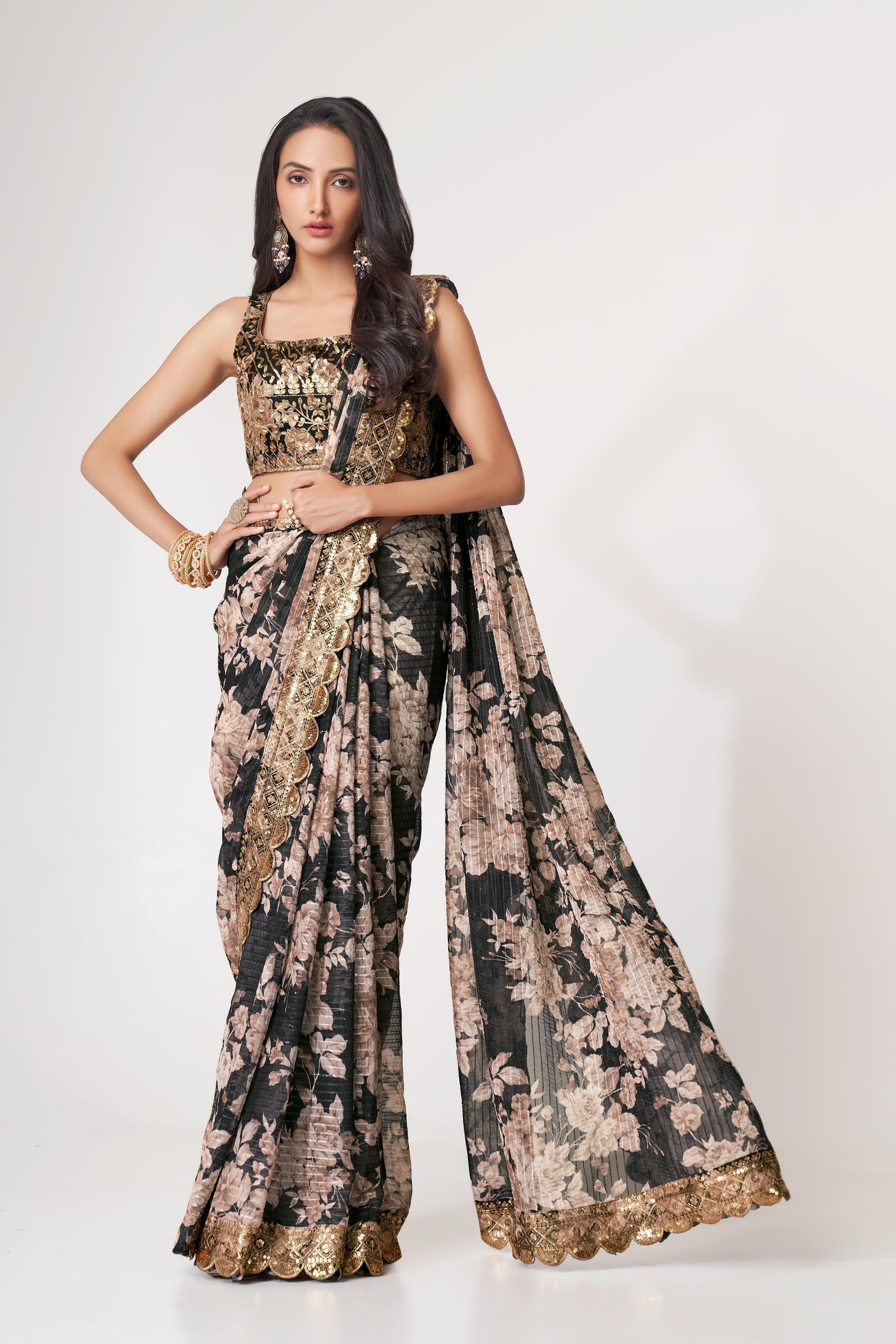 Black Floral Printed Organza Saree With Blouse | 100% Original Saree